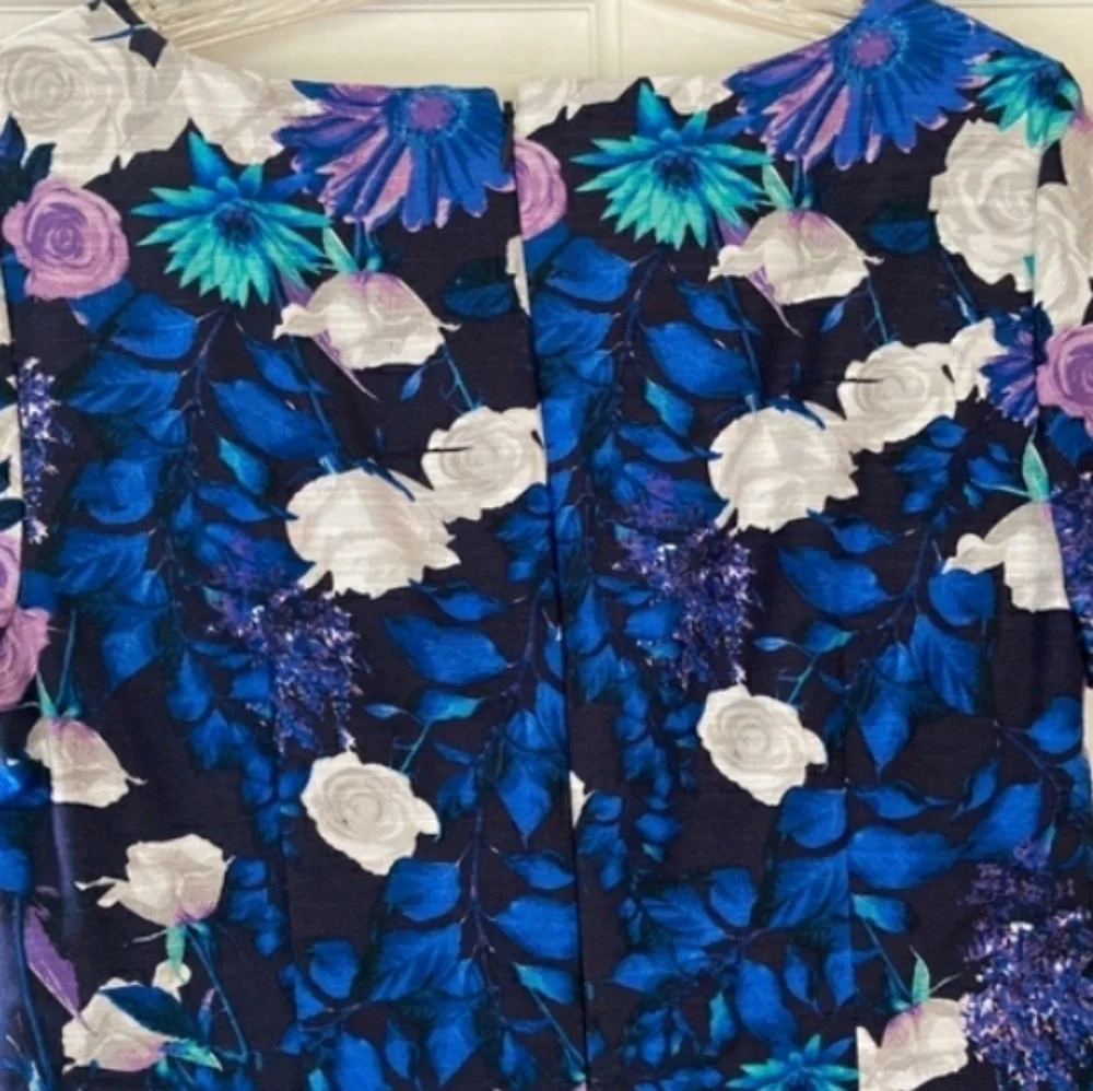 Talbots Dress Cotton Lined Floral Blue Back Zipper Short Sleeve Size 14
